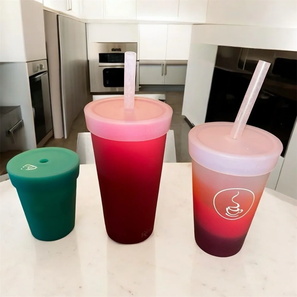 Bundle of Silipint silicone glasses. 8, 15, 22 oz.  All with lids. 2 with straws